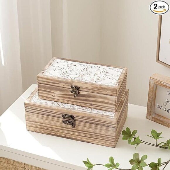 NEW Set of 2 - Wooden Box Rustic Farmhouse Decorative Boxes with Hinged Lid - Picture 9 of 10